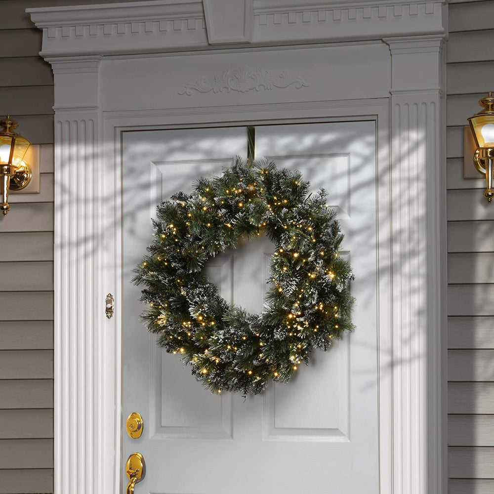 30" Glittery Bristle Pine Wreath Dual Color Led Cosmic Lights Green Led - Diamond Home USA