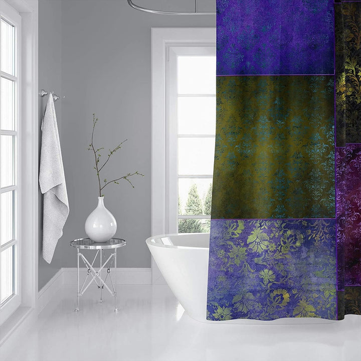 Eclectic Bohemian Patchwork Purple Green Gold Shower Curtain by 71x74 Purple Patchwork Bohemian Eclectic Polyester - Diamond Home USA
