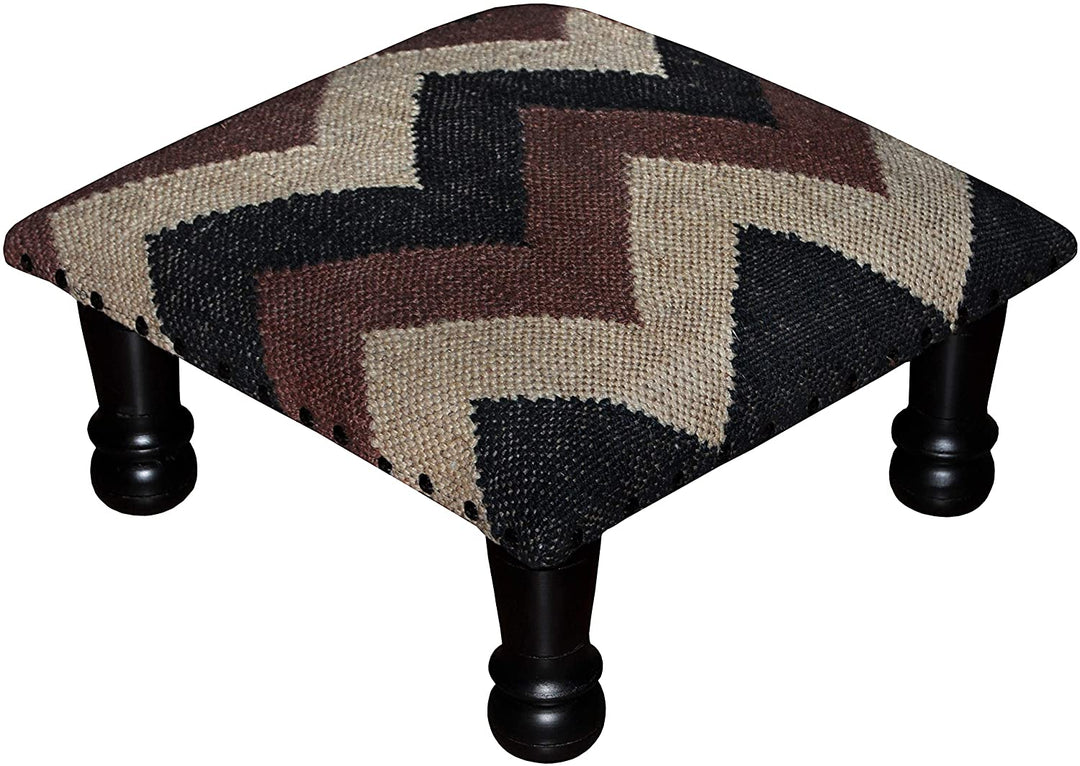 Handmade Tribal Upholstered Footstool (India) Beige Black