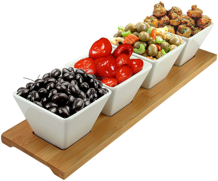 Pantry Basics 5pc Appetizer Condiment Server W/Bamboo Block White Rectangle Stoneware 5 Piece Dishwasher Safe - Diamond Home USA