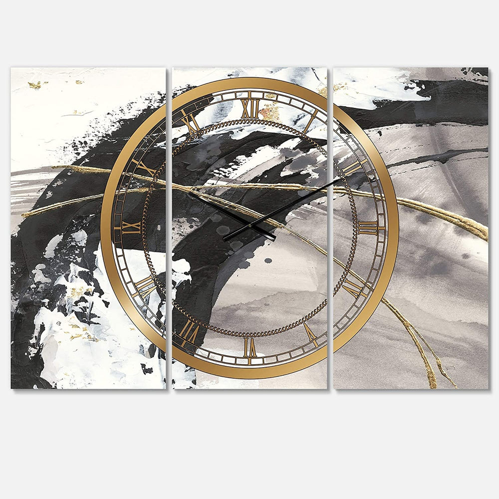 Glam Painted Arcs I' Glam 3 Panels Oversized Wall Clock 36 Wide X 28 High Panels Black Modern Contemporary Rectangular Steel Finish Battery - Diamond Home USA