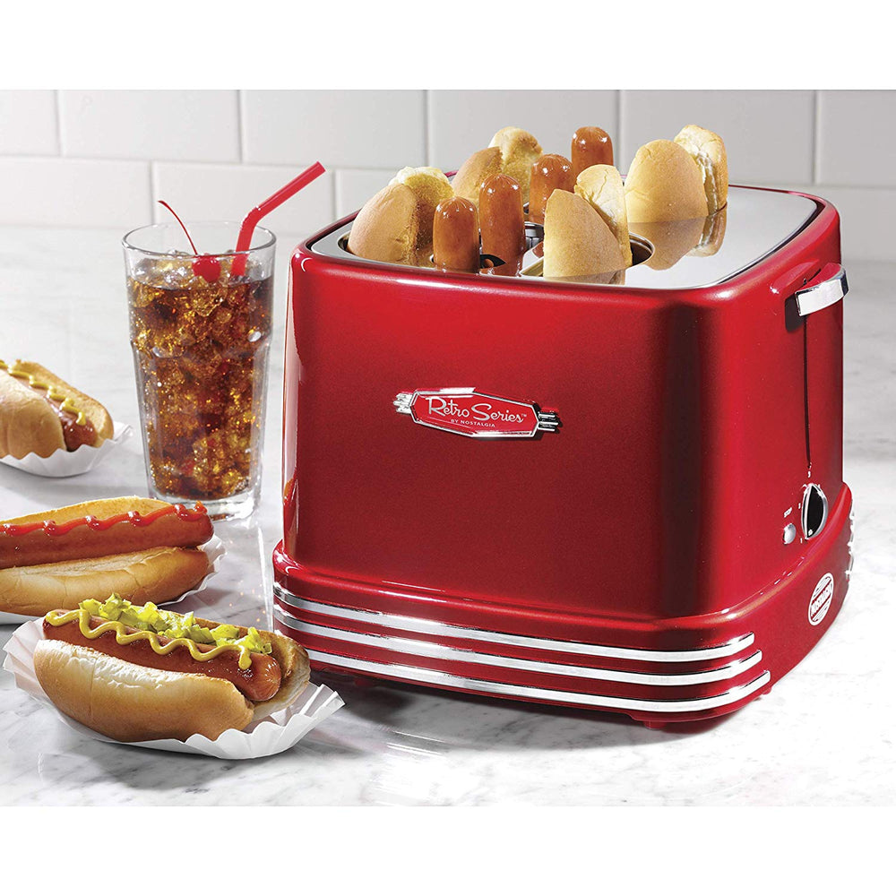 Red Retro Toaster Kitchen 4 Slot Hot Dogs Buns Pop Up Toaster Countertop Cookware Classic 4 Slots Hot Dog Cooking Assembled Chrome Silver Metal
