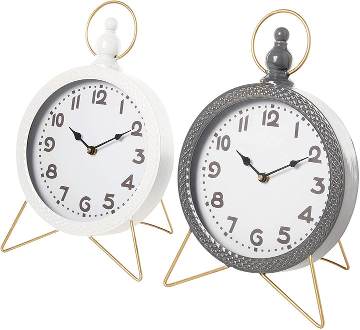Large Round Gray White Metal Table Clocks Finials Gold Top Loops Feet Set 2 10" X 16" Each 10 8 16round Color Traditional Iron - Diamond Home USA