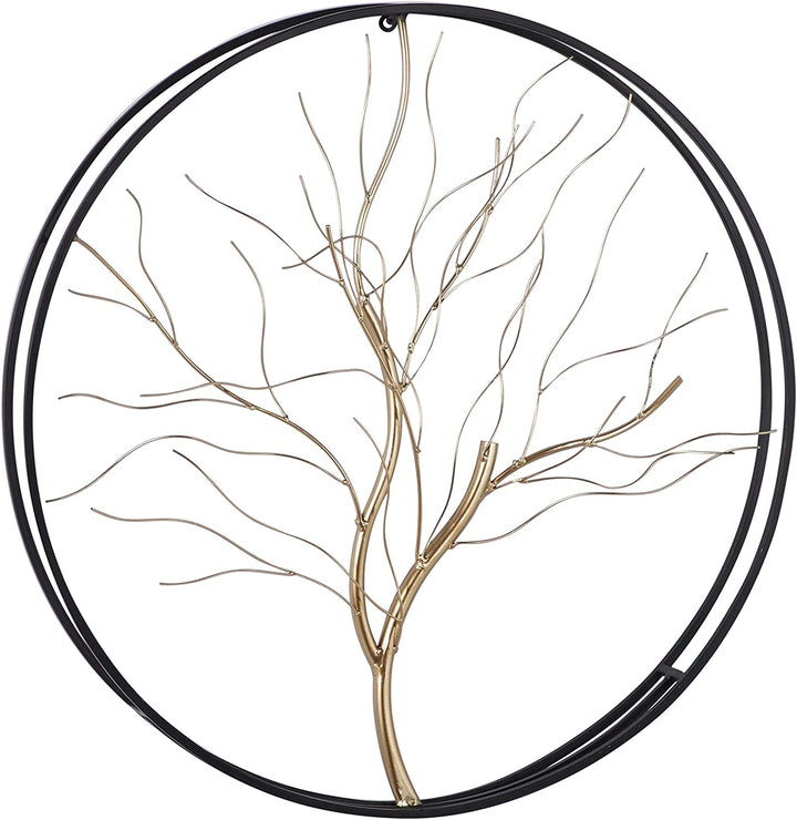 Large Round Glam Metal Wall W Black Frame Tree Art 26" d