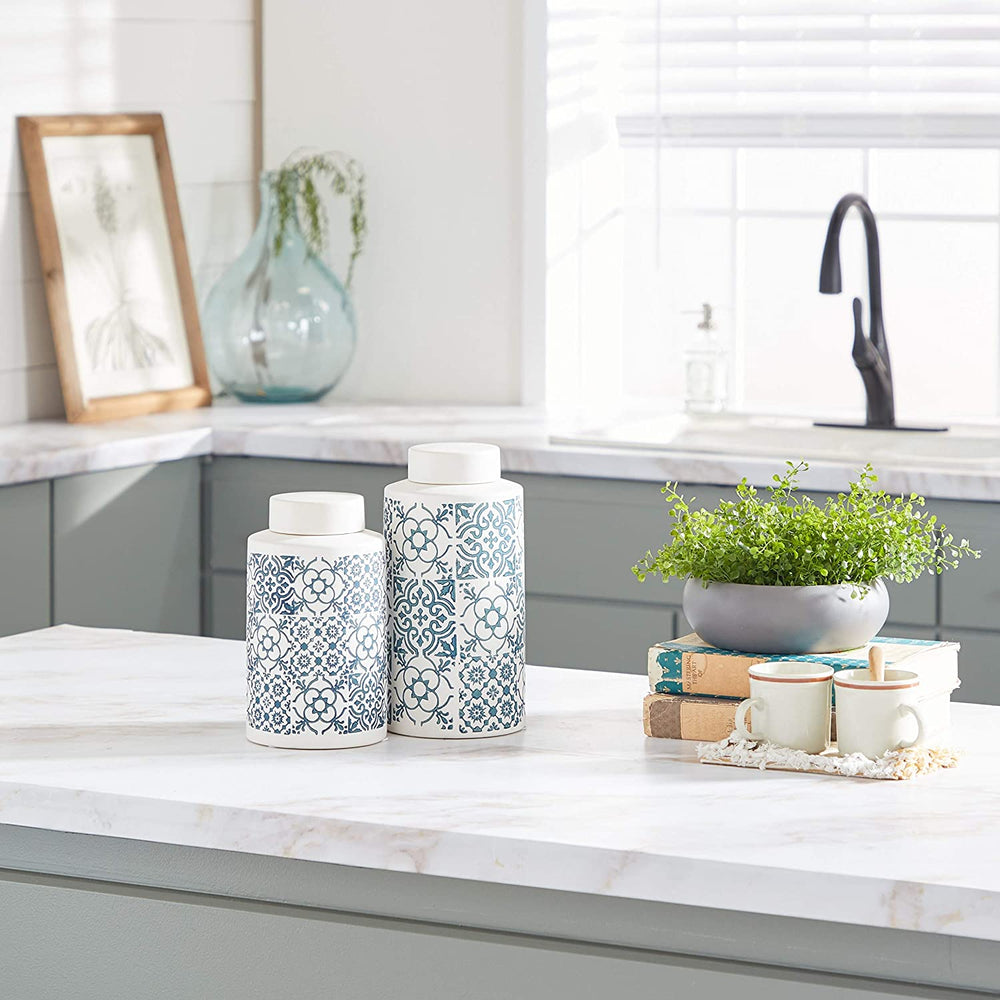 2 Pcs English Cottage Ceramic Jars Kitchen Counter White Blue 6 X 11 Color - Diamond Home USA