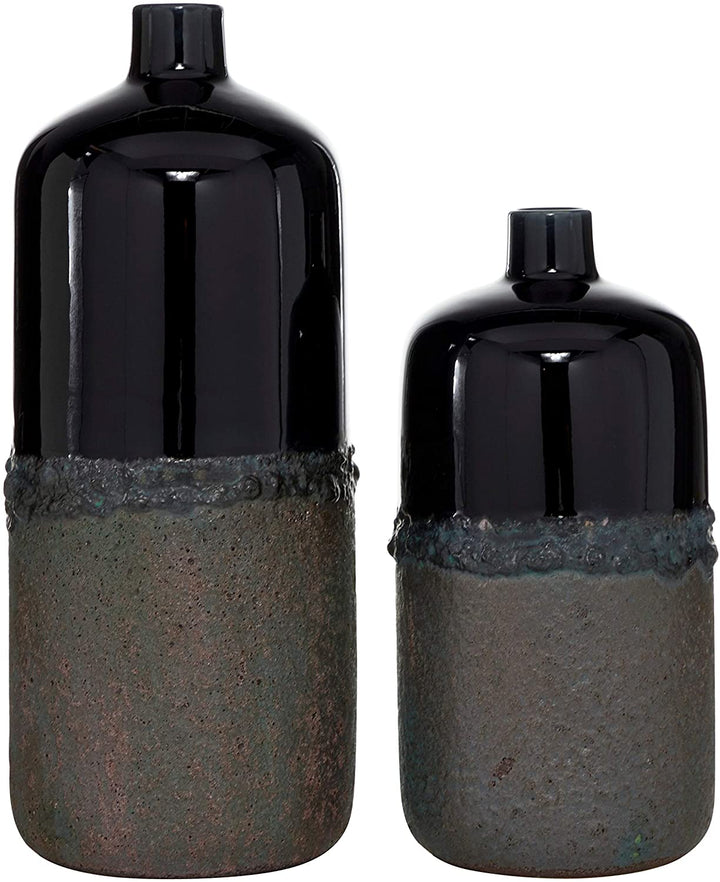 Round Black Glazed Ceramic Vase Grey Dipped Textured Body