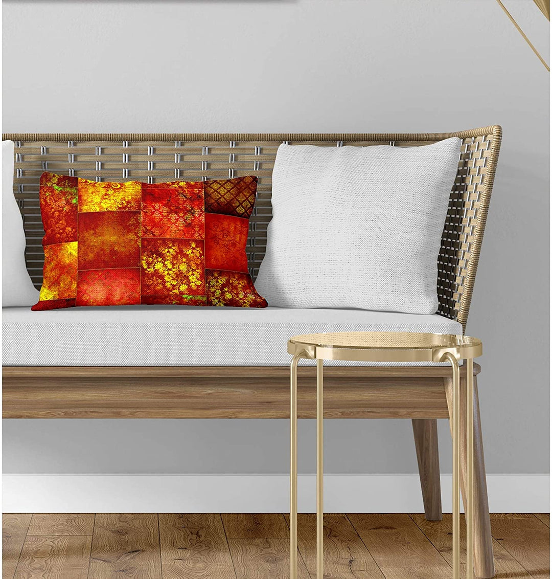 Eclectic Bohemian Patchwork Red Gold Lumbar Pillow Red Geometric Bohemian Eclectic Polyester Single Removable Cover - Diamond Home USA