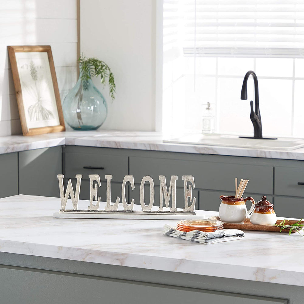 Rectangular Silver Welcome Sign Light Marble Base 21" X 6" 21 X 2 6 Traditional - Diamond Home USA