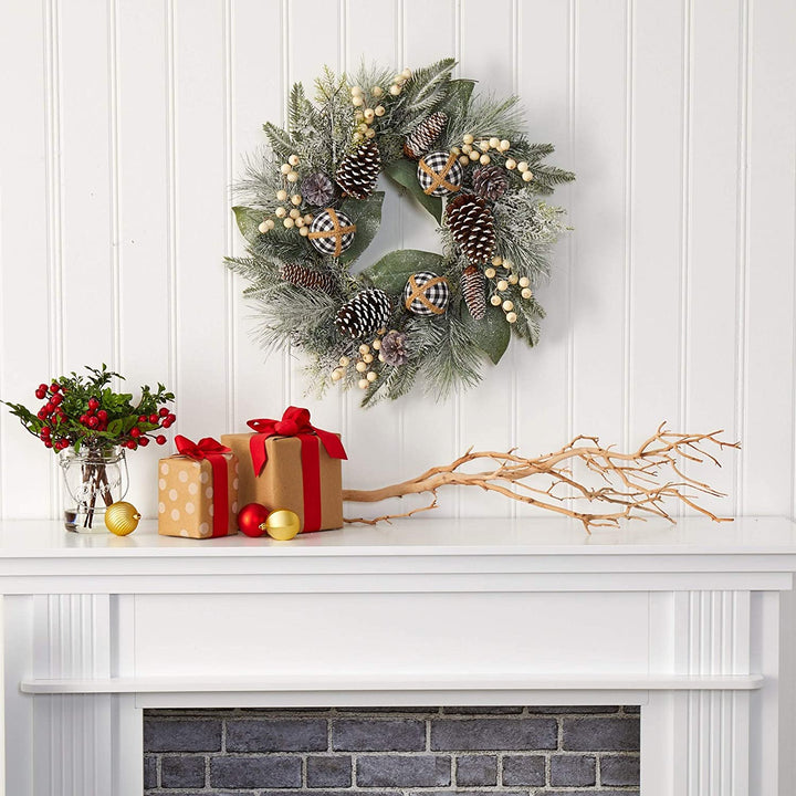 24" Snow Tipped Holiday Wreath Berries Pine Cones Ornaments - Diamond Home USA