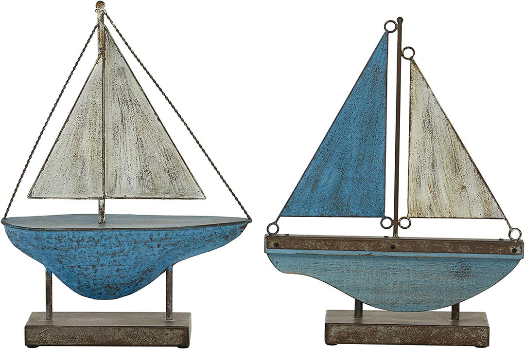 Blue White Metal Boat Sculptures Set 2 13 X 3 16 Color Nautical Coastal Iron - Diamond Home USA