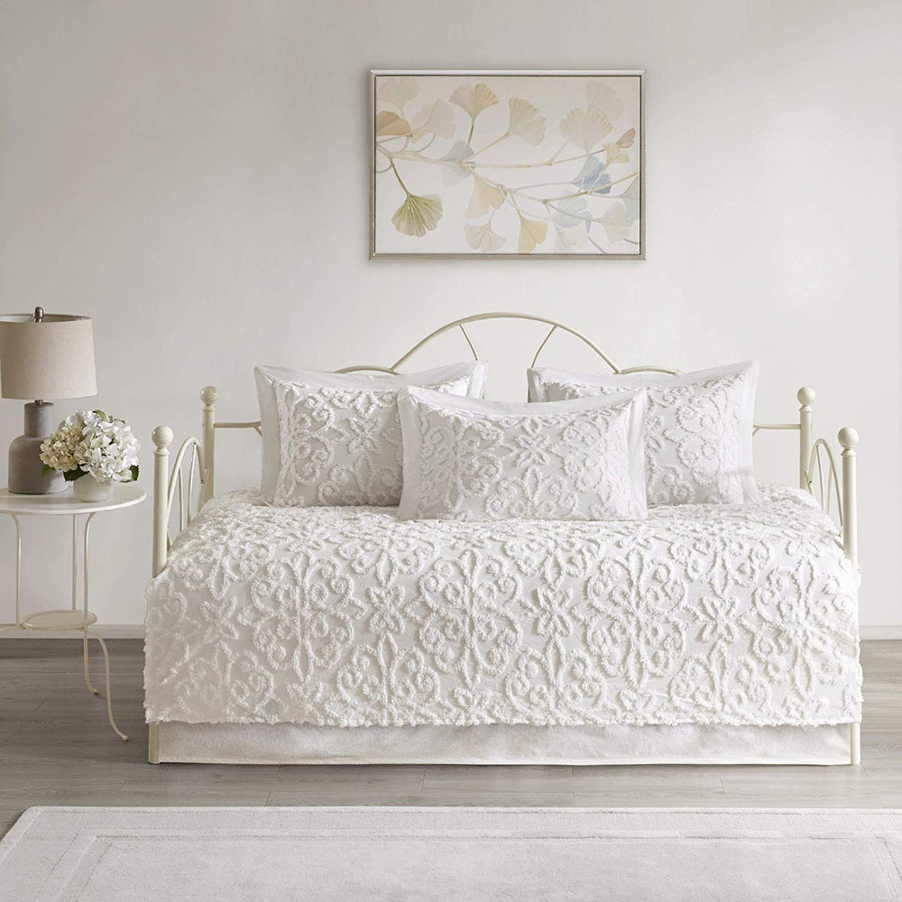 Bright White Chenille Daybed Set Medallion Pattern Bedding Textured Soft Cotton Fabric Shabby Chic 5 Piece