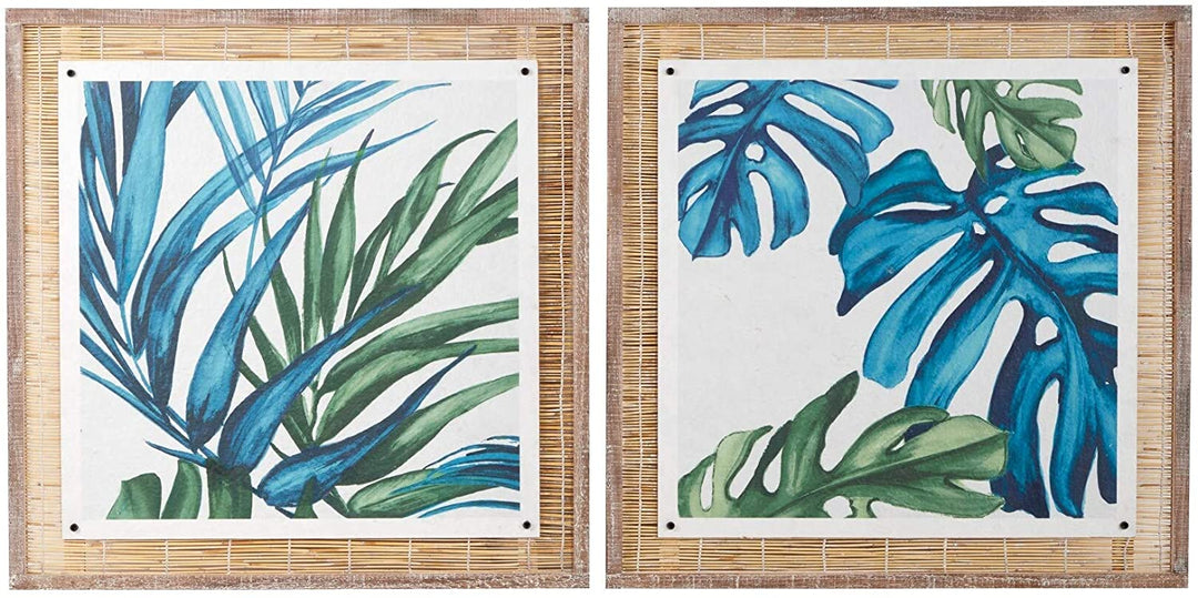 Square Blue Green Botanical Leaves Paper Wood Wall Art