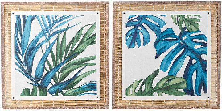 Square Blue Green Botanical Leaves Paper Wood Wall Art