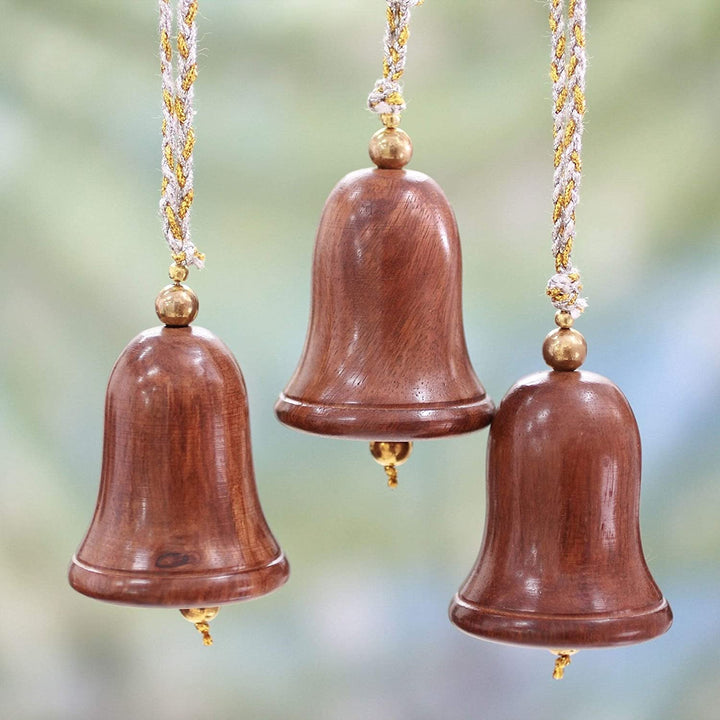 Handmade Bells Peace Acacia Wood Ornaments Set 3 (India) Brown Gold Silver Iron Polyester