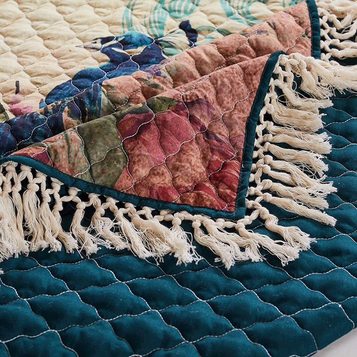 Peacock Fringed Quilted Throw Blanket Gold Bird Novelty Bohemian Eclectic Victorian Vintage Microfiber - Diamond Home USA