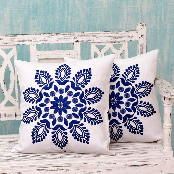 Handmade Blue Delhi Splendor Cushion Cover Set 2 (India) Cream Embroidered Floral Modern Contemporary Cotton - Diamond Home USA