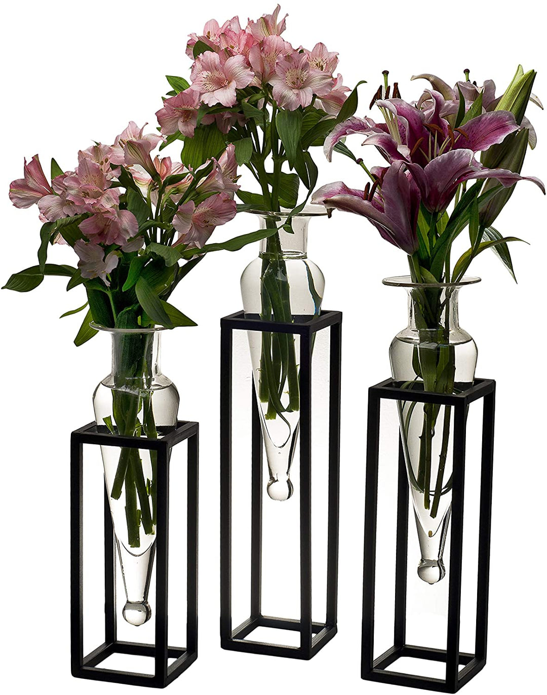 Set 3 Clear Amphorae Vases Square Tubing Metal Stands