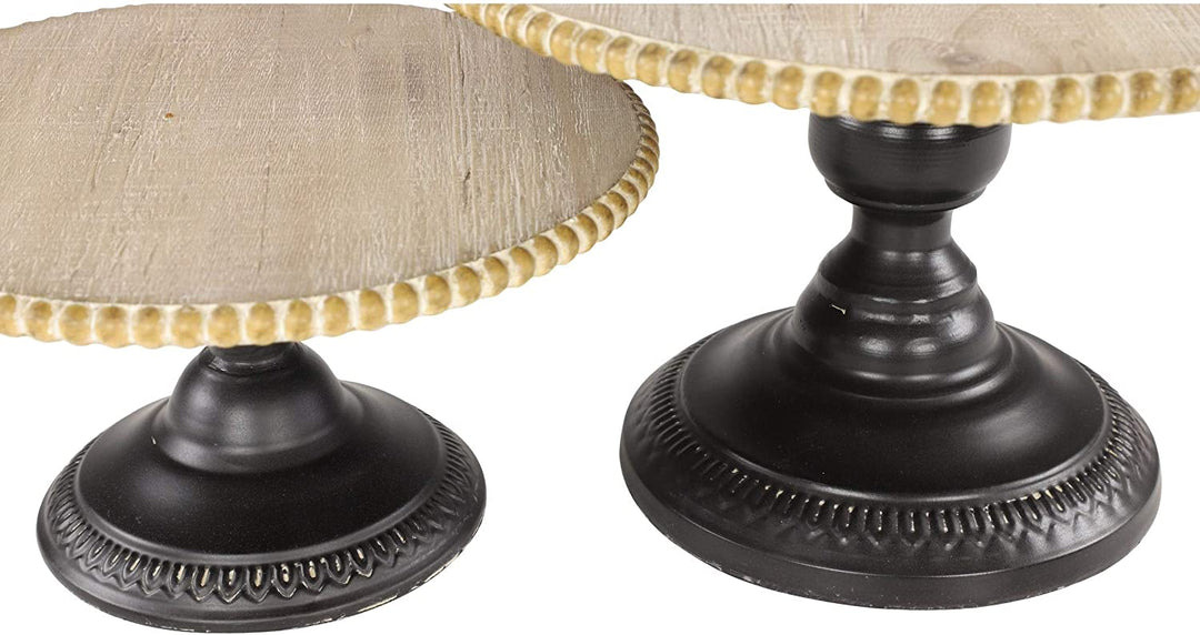 Serving Trays W Wood Bead Trim Black Iron Stands Set 2 13 X 8round Brown Rustic - Diamond Home USA