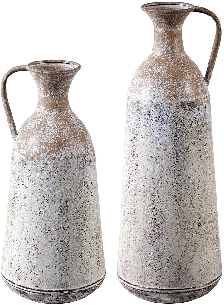 2pc Roma Pitcher Vases Tan White Rustic Traditional Metal