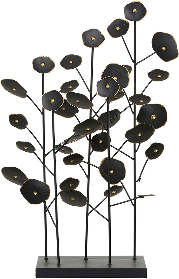 Large Black Metal Abstract Floral Sculpture W Gold Foil