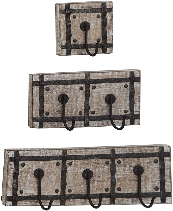 Set 3 Mango Wood Iron Framed Wall Hooks Black
