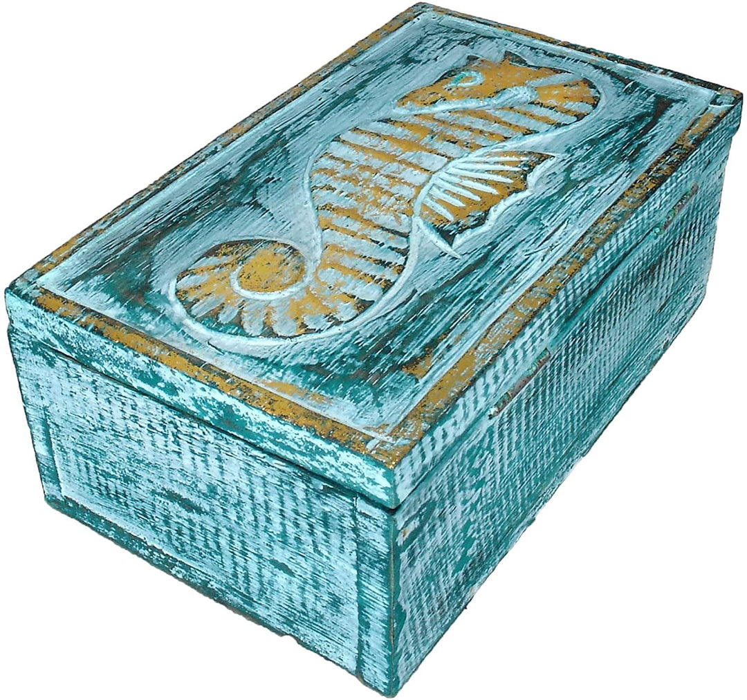 MISC Sweet Seahorses 2 Piece Wooden Box Set Green Nautical Coastal Wood Antique Handmade