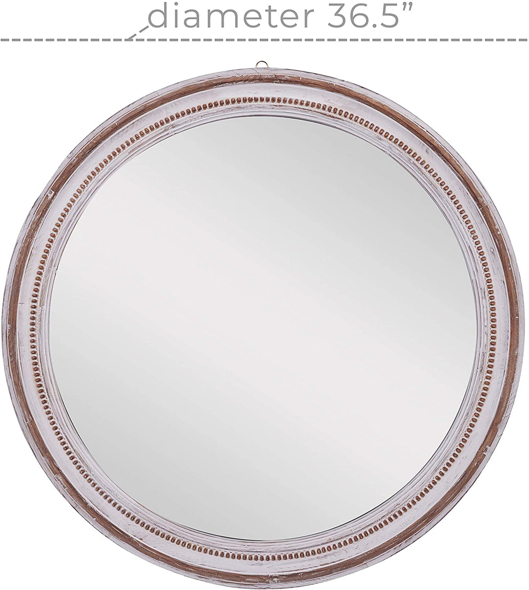 Large Round Wood Wall Mirror Carved Beading Detail Distressed White Finish 36 5" X 37 X 1 37round - Diamond Home USA