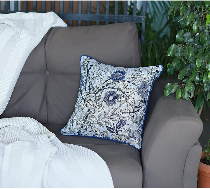 Blue Leaf Jacquard Throw Pillow Covers (Set 4) Floral Modern Contemporary Polyester Set 3 More Removable Cover - Diamond Home USA