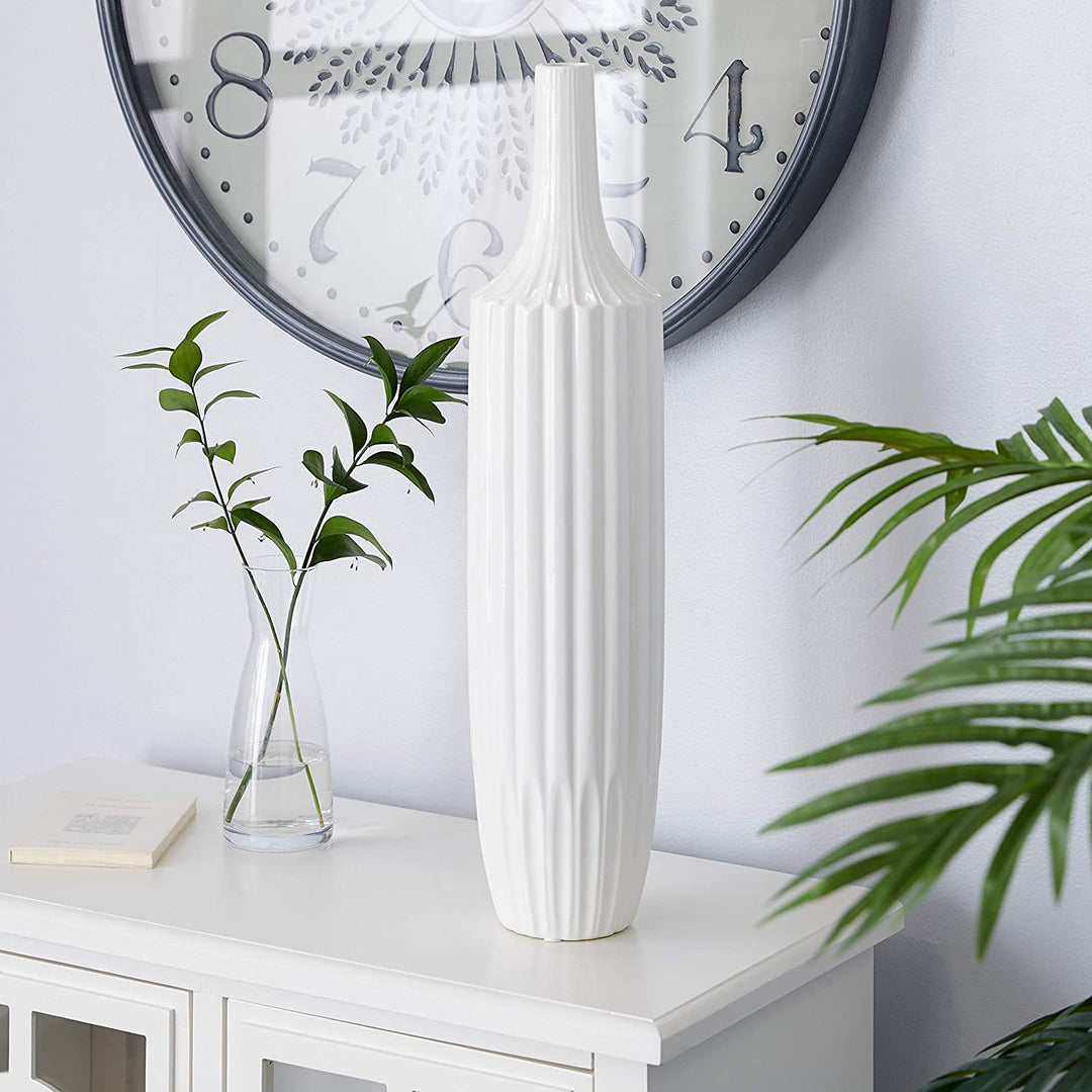 Tall Round White Ceramic Textured Vase 23" X 6" 5 X 23 - Diamond Home USA