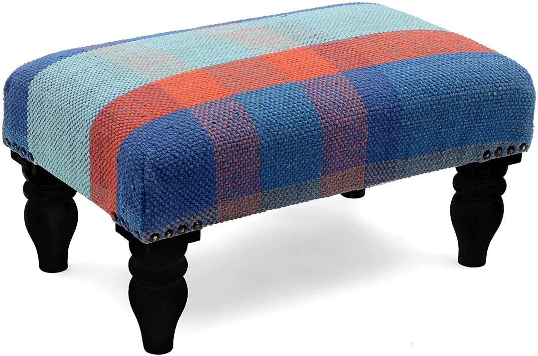 Handmade Cotton Upholstered Wooden Footstool (India) Blue
