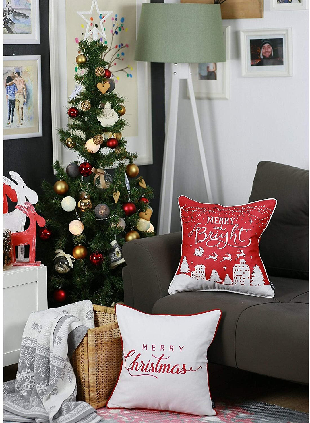 Merry Christmas Throw Pillow Covers Gift 18"x18" (Set 4) Color Floral Modern Contemporary Polyester Set 3 More Removable Cover - Diamond Home USA