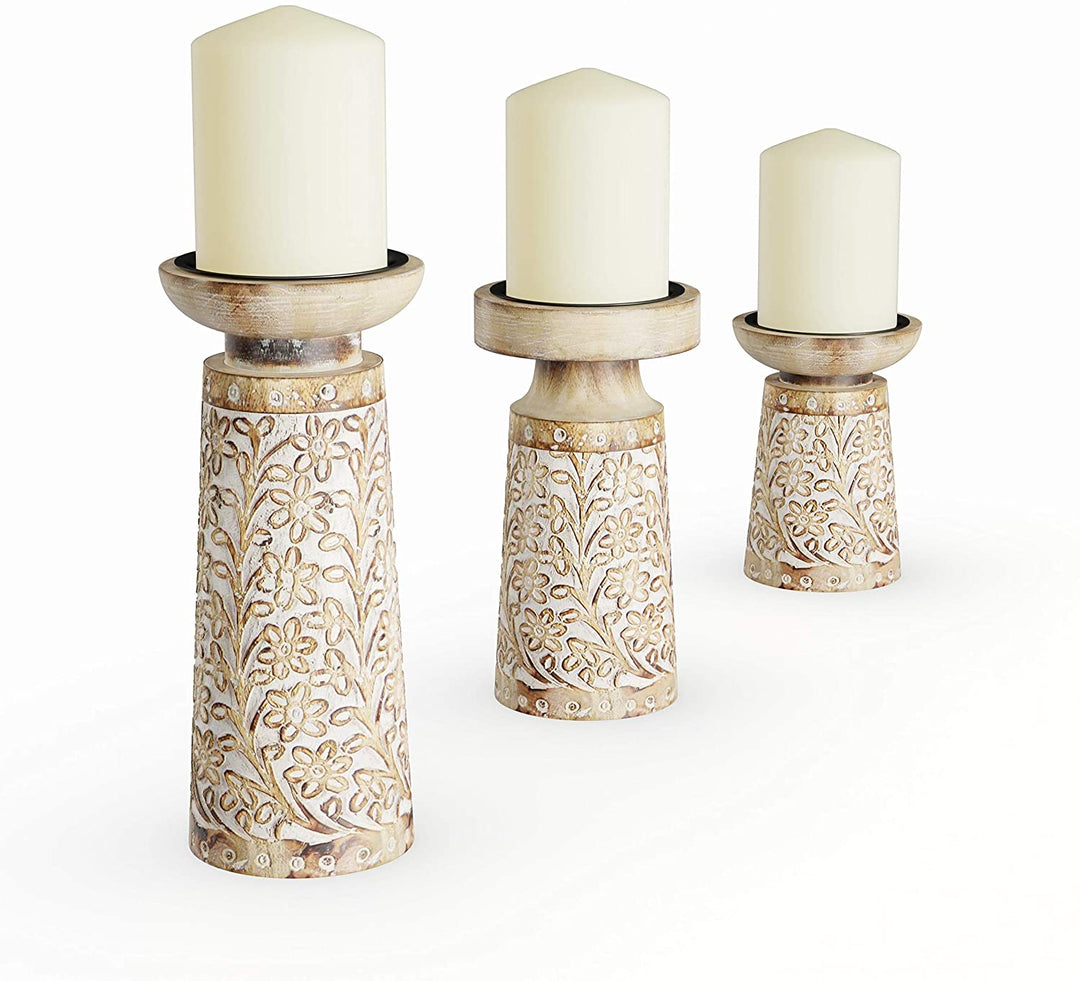 Mango Wood Iron Carved Floral Candle Holder Set Brown