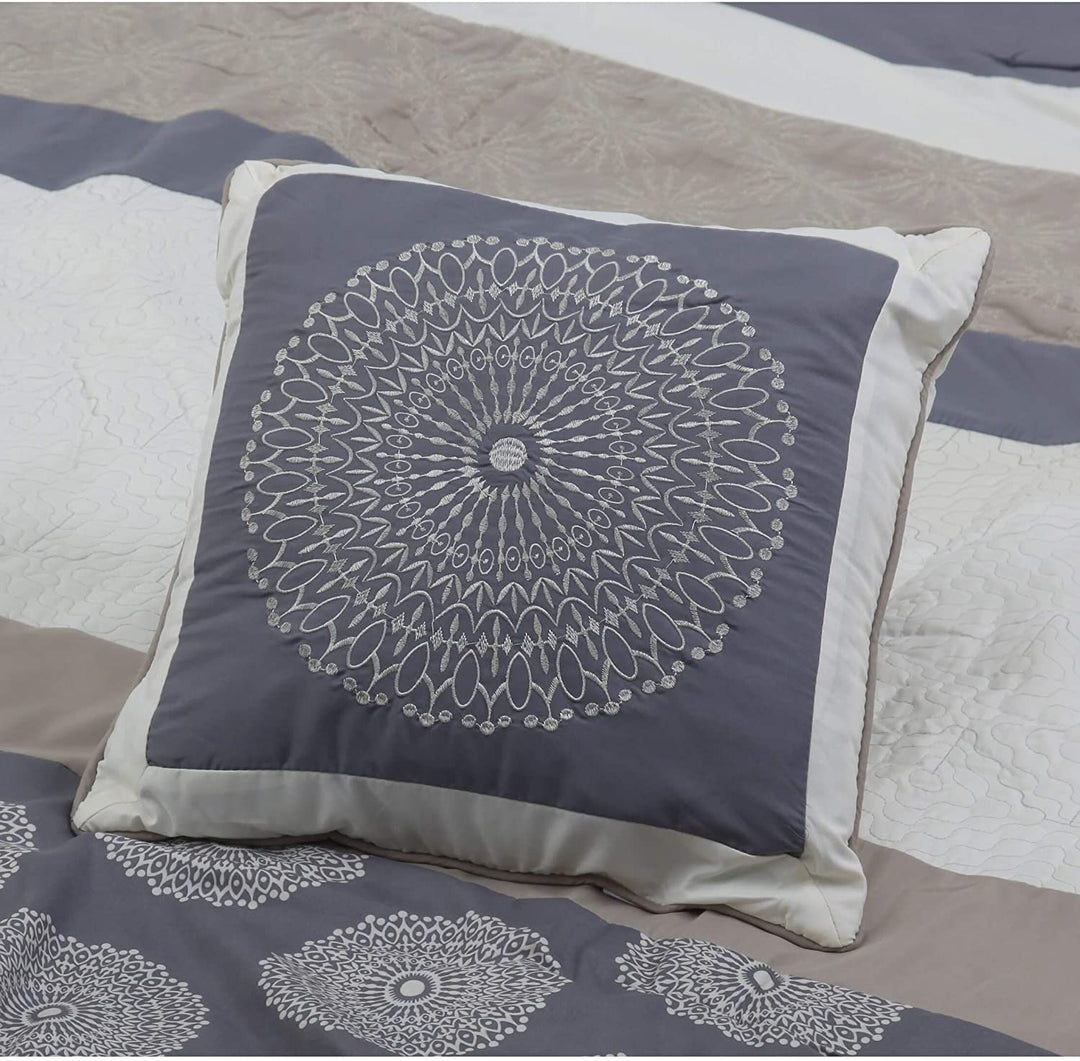 Grand 10 Piece Comforter Set Accent Pillows Grey Medallion Modern Contemporary 10 Pieces More Bedskirt Included
