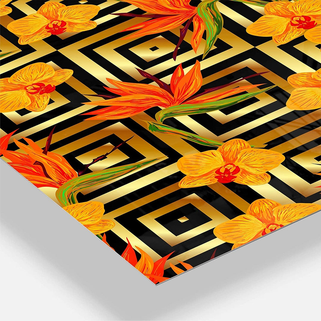 Tropical Gold Luxury Pattern Iii' Oversized Mid Century Wall Clock 3 Panels 36 Wide X 28 High Orange Glam Modern Contemporary Rectangular - Diamond Home USA