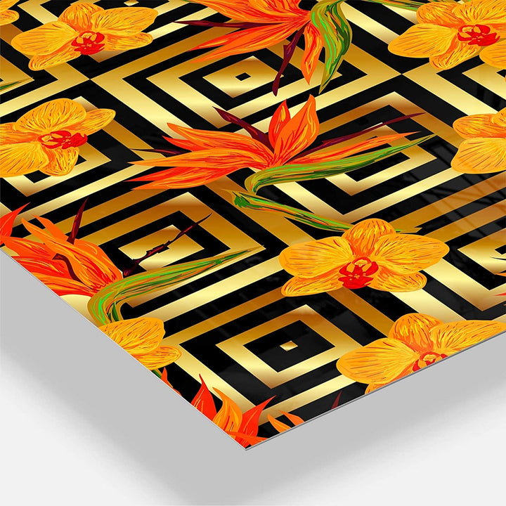 Tropical Gold Luxury Pattern Iii' Oversized Mid Century Wall Clock 3 Panels 36 Wide X 28 High Orange Glam Modern Contemporary Rectangular - Diamond Home USA