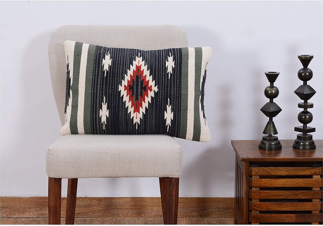 Handmade Cotton 16'' X 24" Throw Pillows (Set Two) Grey Off White Red Geometric Bohemian Eclectic Two - Diamond Home USA