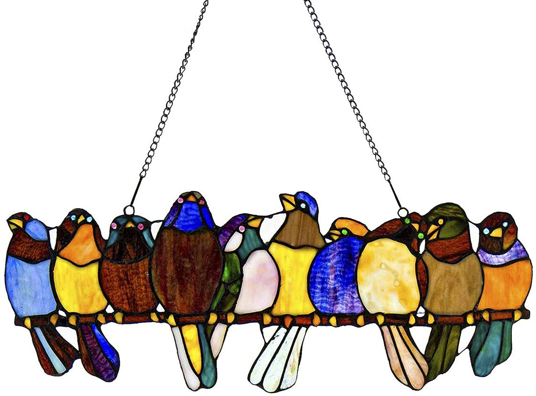 Stained Glass Birds Wire 9 25 inch Window Panel 24 25" l X 0 25" w 9 5" h Green White Yellow Modern Contemporary Animals Includes Hardware