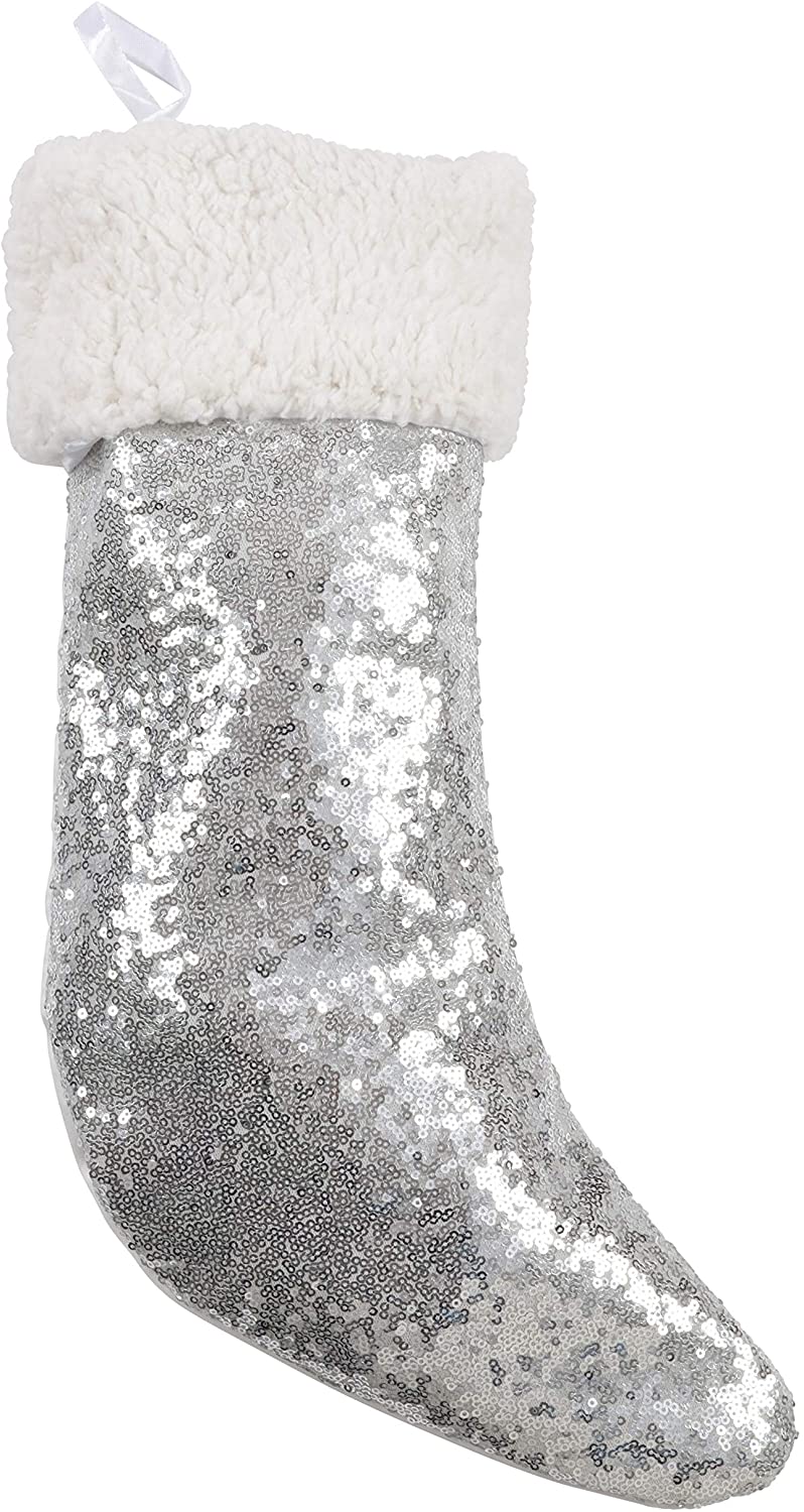 MISC Glittery Sequin Sherpa Cuff Holiday Stocking Silver Gold Polyester