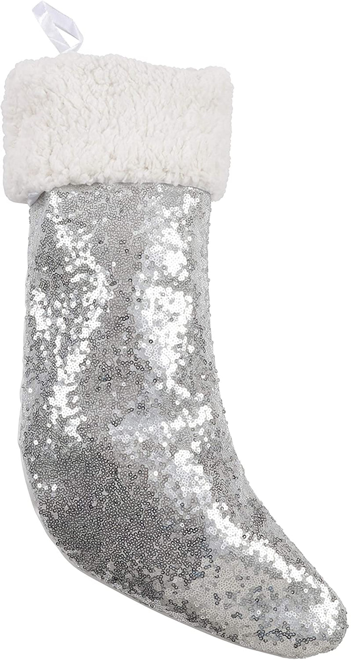 MISC Glittery Sequin Sherpa Cuff Holiday Stocking Silver Gold Polyester