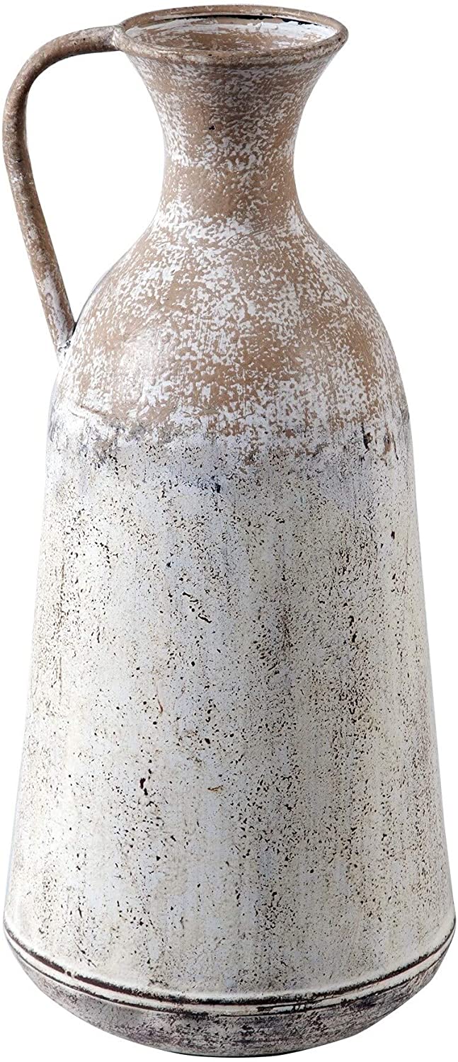 2pc Roma Pitcher Vases Tan White Rustic Traditional Metal Distressed Handcrafted - Diamond Home USA