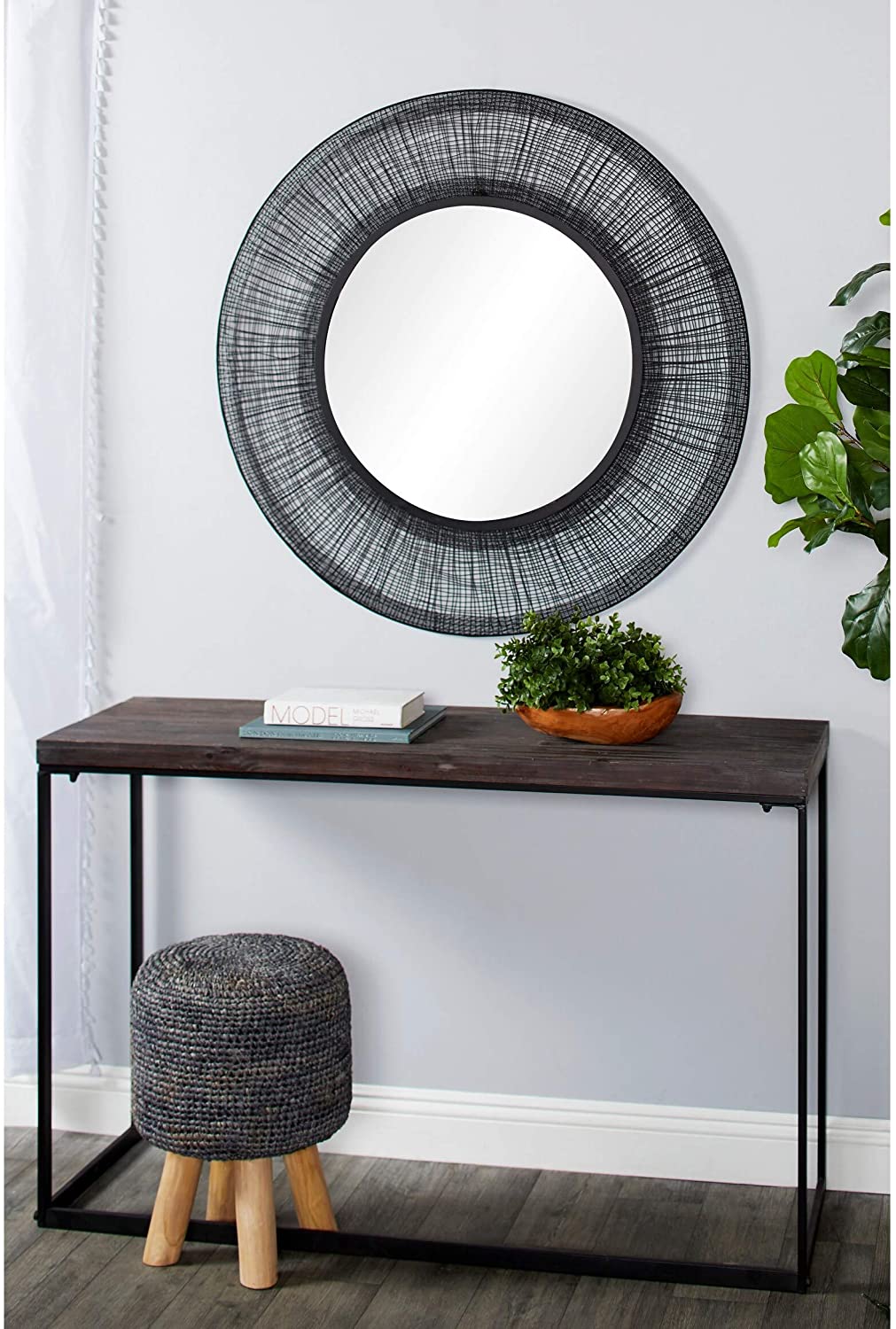 Large Round Metal Wall Mirror Black Mesh Frame 40 X 1 40round Modern Contemporary - Diamond Home USA