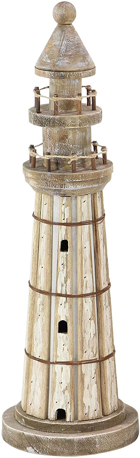 Set 2 Coastal Inspired Stained Wood Brown Lighthouse Sculptures White Nautical Antique - Diamond Home USA