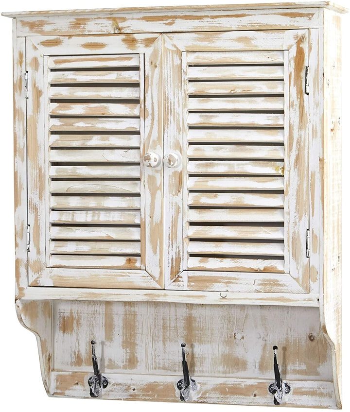 32" White Washed Wall Cabinet Hooks Beige Wood Finish