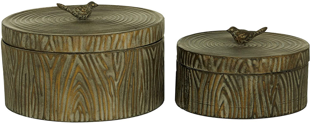 Round Antique Bronze Metal Box Tree Bark Texture Bird Handled Lid Set 2 6" 7 25" 12 X 7 Brown - Diamond Home USA