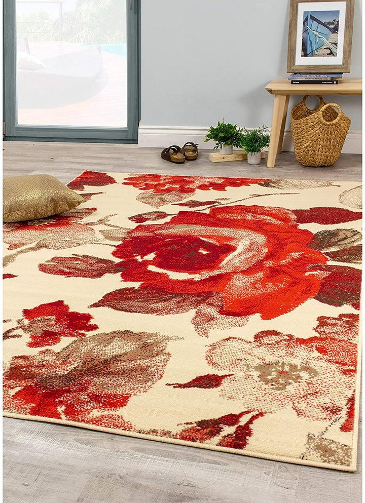 Cream Red Vintage Botanical Rug 5'3" X 7'4" Floral Modern Contemporary Rectangle Polypropylene Contains Latex Stain Resistant - Diamond Home USA