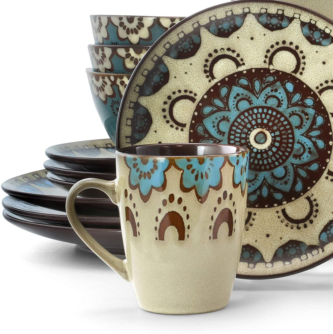Sandstone Mandala 16 Piece Round Stoneware Dinnerware Set Brown Geometric Casual Microwave Safe - Diamond Home USA