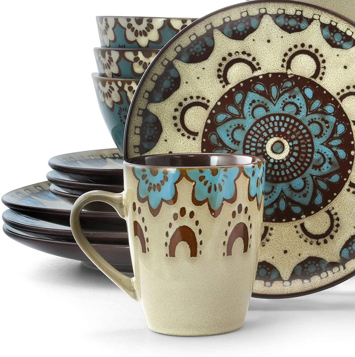 Sandstone Mandala 16 Piece Round Stoneware Dinnerware Set Brown Geometric Casual Microwave Safe - Diamond Home USA
