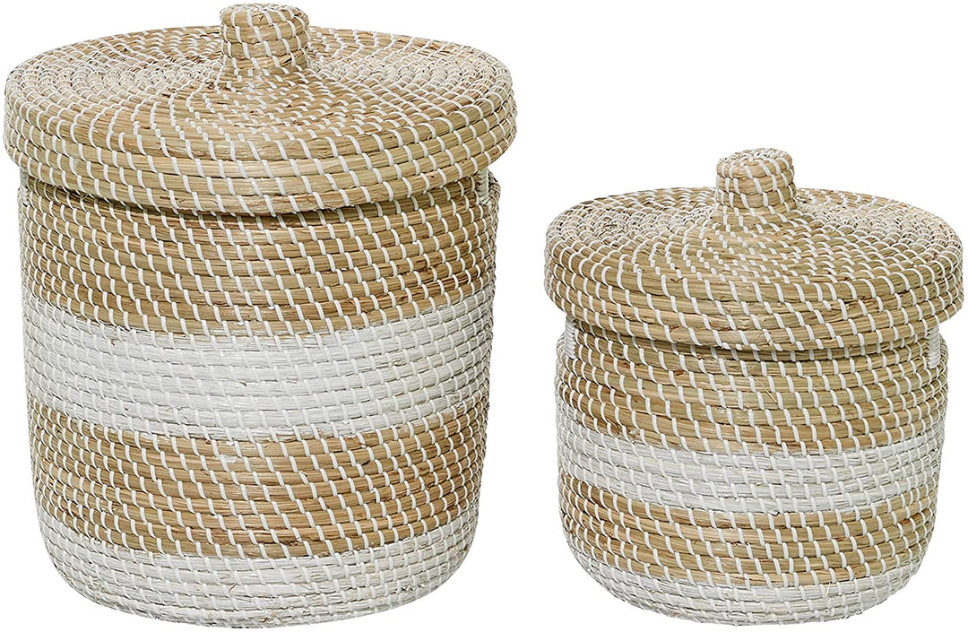 Woven Striped Round Seagrass Basket Lid Set 2 3" 7" 5 X