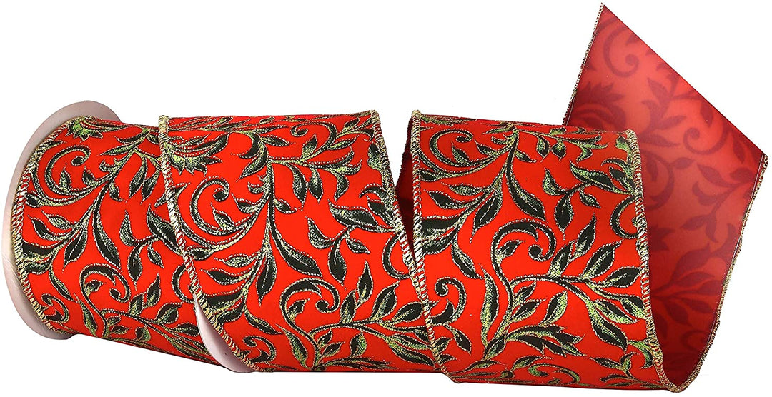 4" Printed Leaf Vine Velvet Ribbon Set 3 Red Polyester - Diamond Home USA