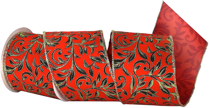 4" Printed Leaf Vine Velvet Ribbon Set 3 Red Polyester - Diamond Home USA